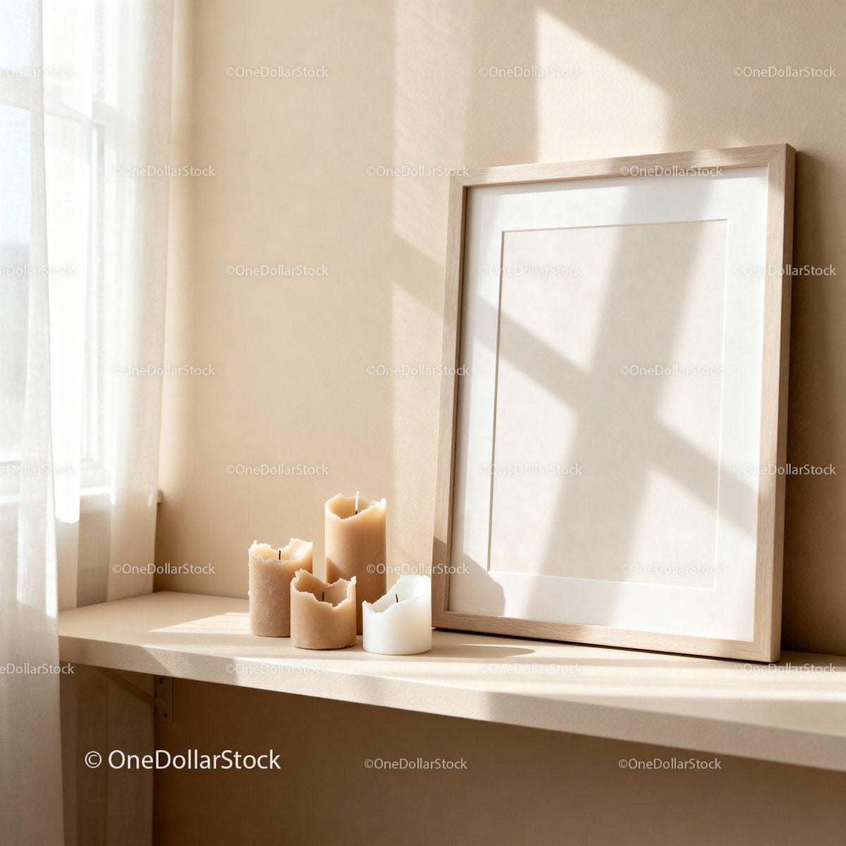 Cozy minimalist interior with candles and empty frame JPG Mockup Image preview