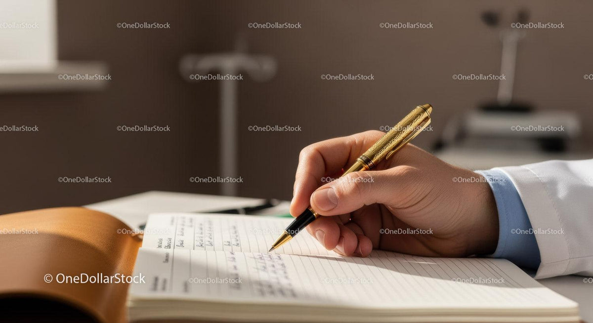 Business Professional Writing with Gold Pen in Notebook in Office