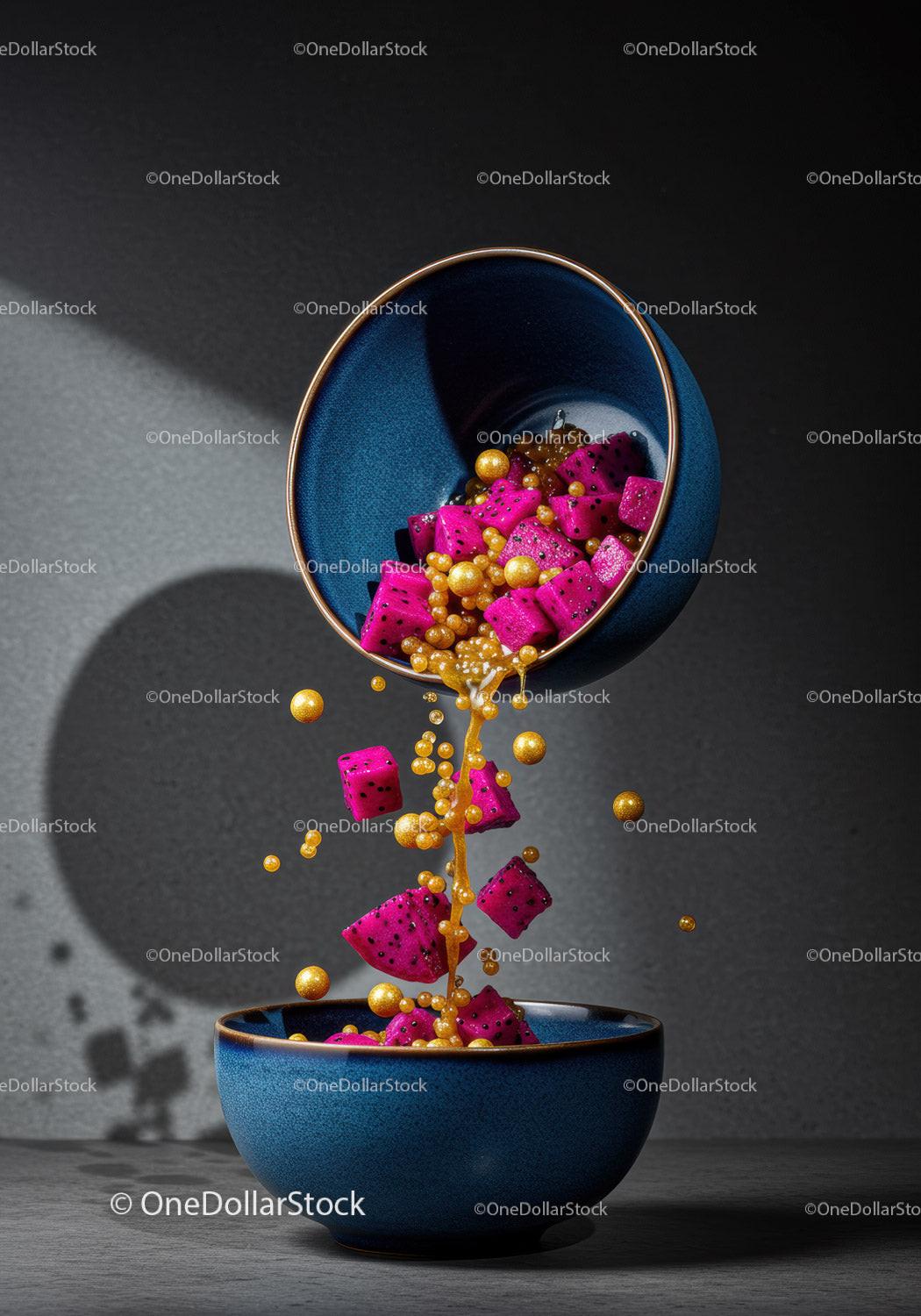 Bright dragon fruit cubes and golden bubbles flowing