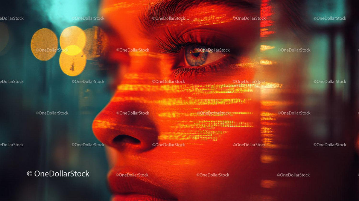 Close-up of a woman's face illuminated by orange and red digital code projections with blurred lights behind