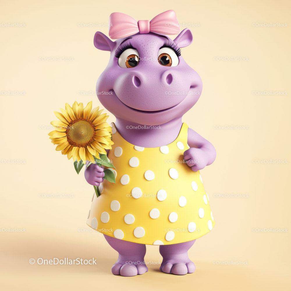 Cute Cartoon Hippo Holding Sunflower in Yellow Dress for Kids Illustration Stock Photo Bundle preview 52
