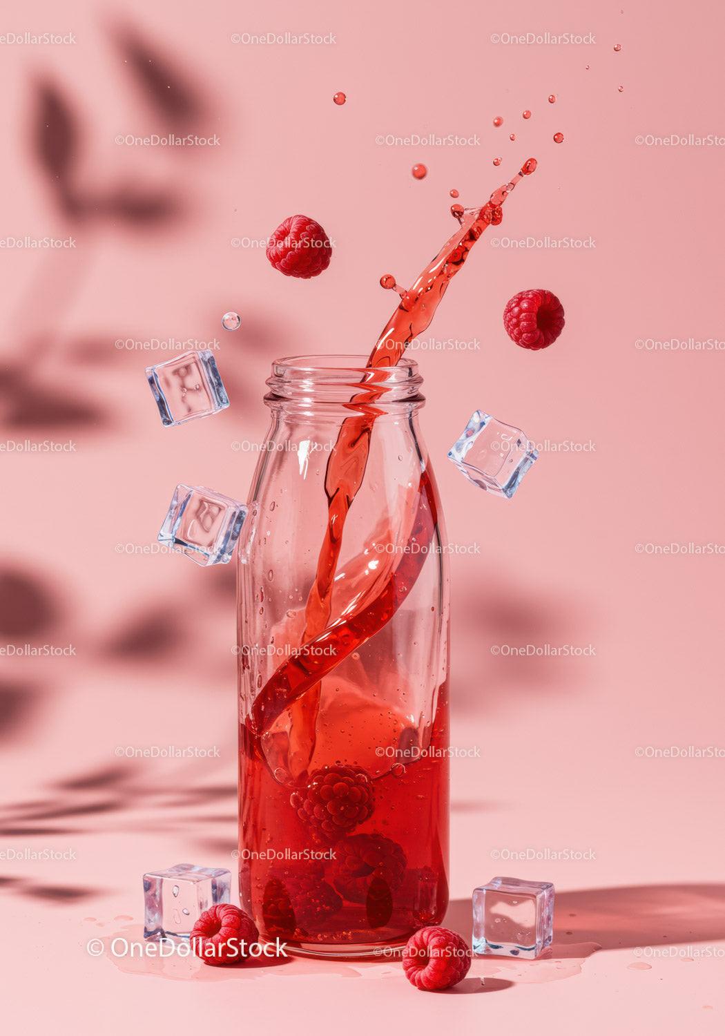 Refreshing raspberry drink splashing in glass bottle