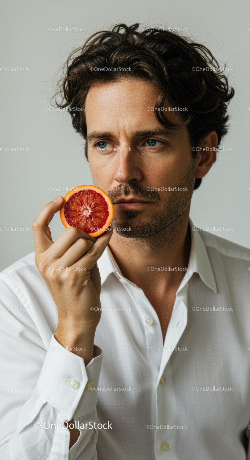 Stylish Man with Blood Orange Slice on Neutral Background
