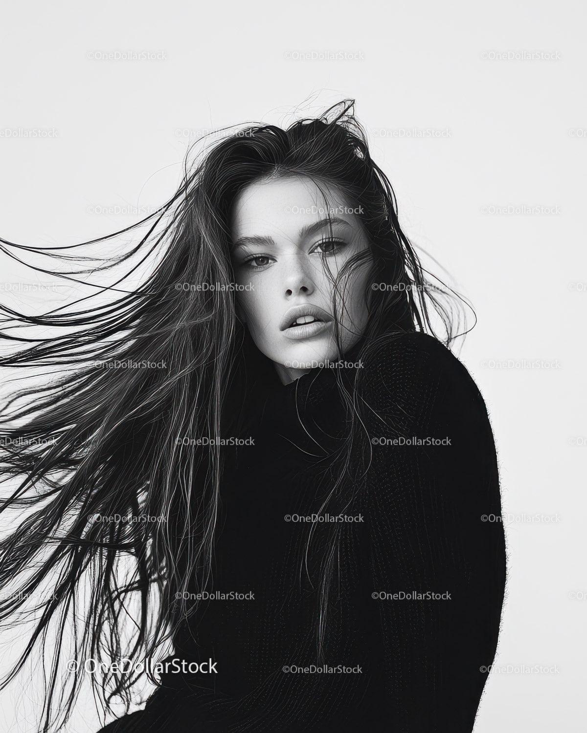 Black and White Portrait of a Woman with Flowing Hair