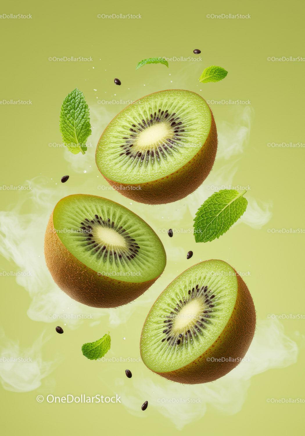 Fresh Kiwi Halves with Mint Leaves Floating Airily
