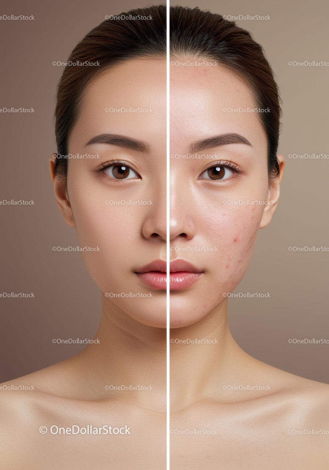 Split Face of Young Woman Showing Before and After Skincare Effects