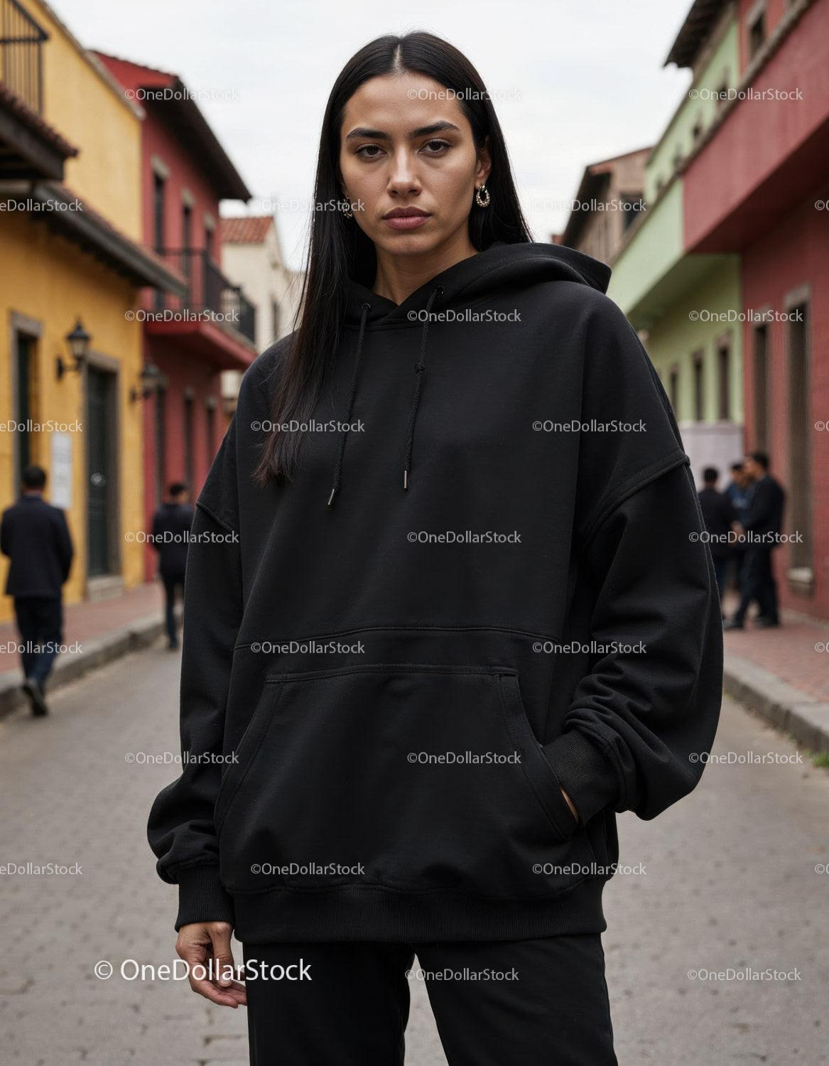 Fashionable Woman Wearing Black Hoodie in Urban City Street Stock Photo Bundle preview 37