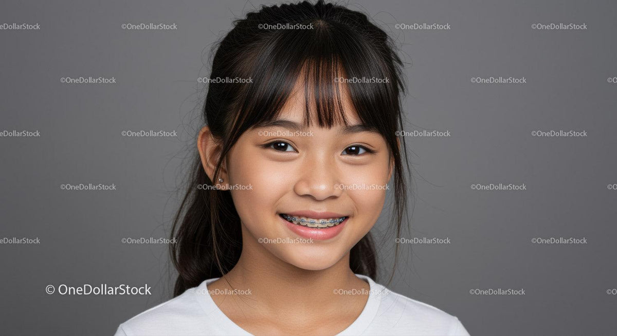 Portrait of a Smiling Asian Teen Girl with Braces in Studio