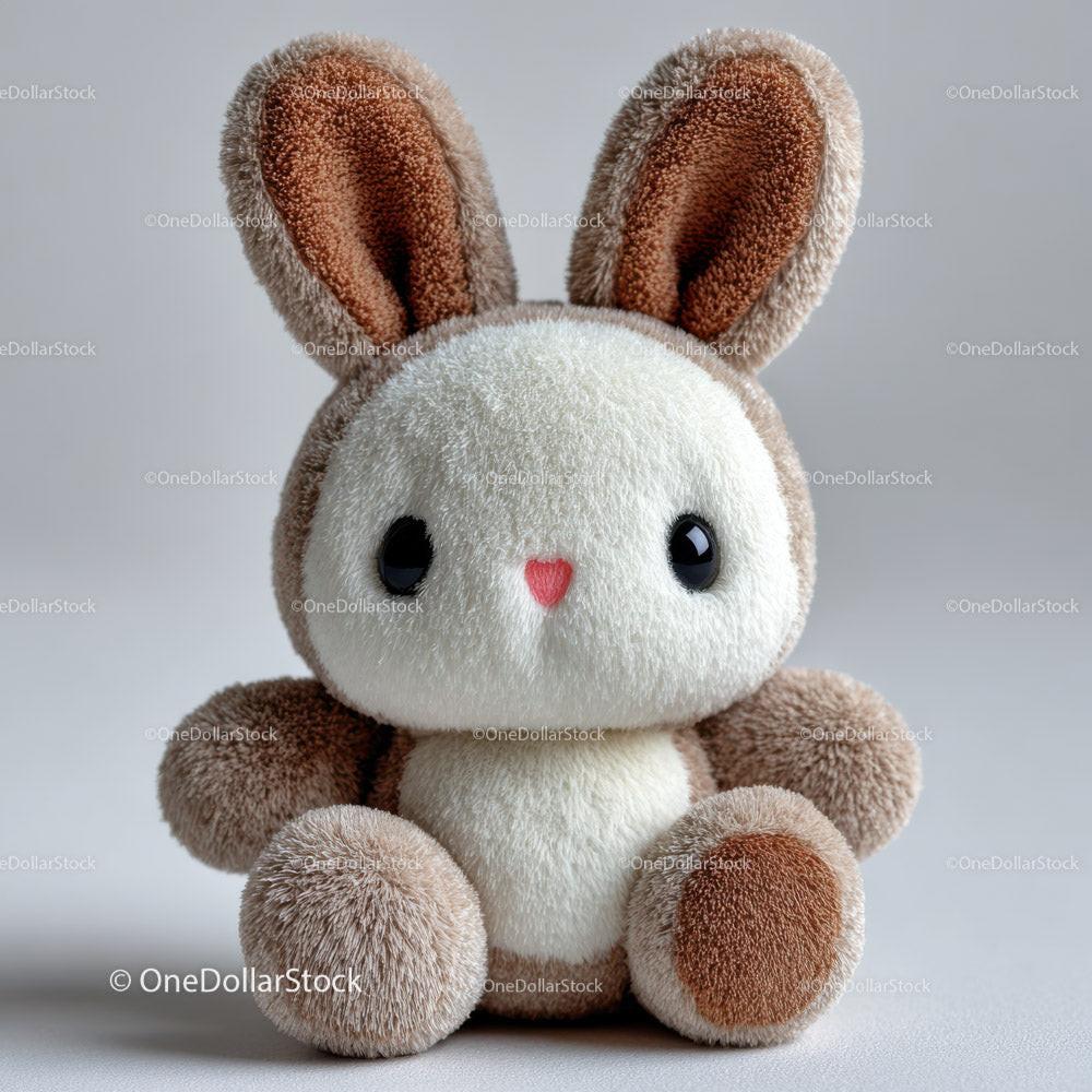 Soft plush bunny toy with brown and white fur and pink nose