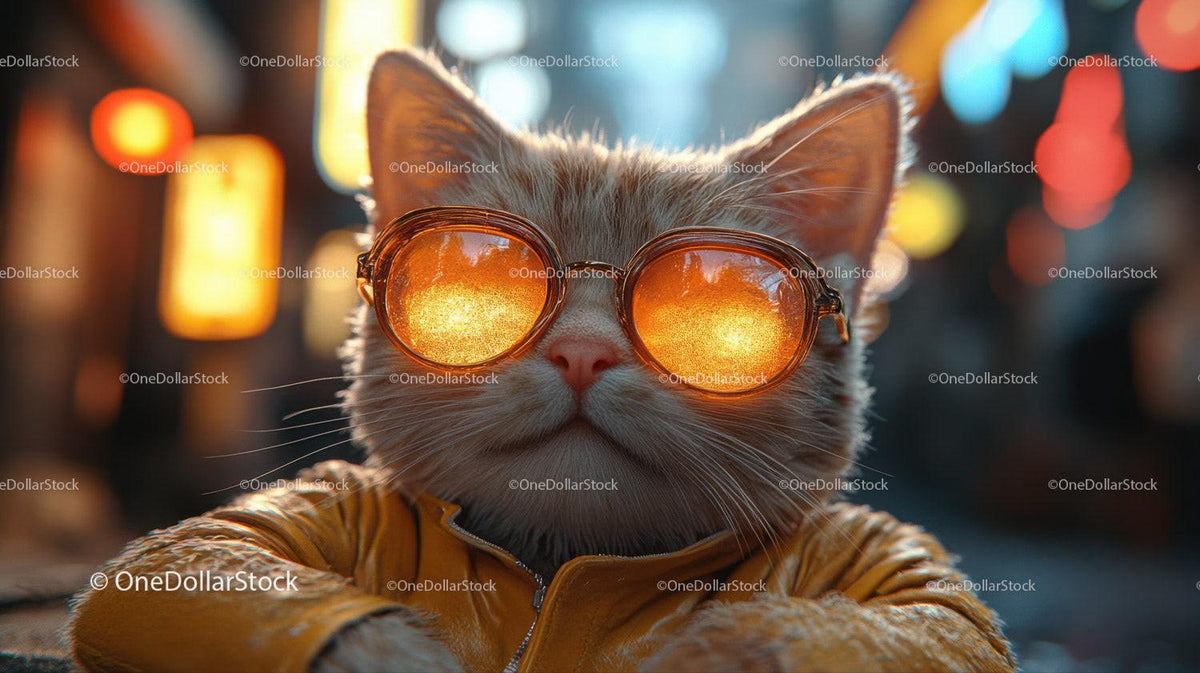 Light brown cat wearing reflective orange sunglasses and orange jacket with blurred urban night lights
