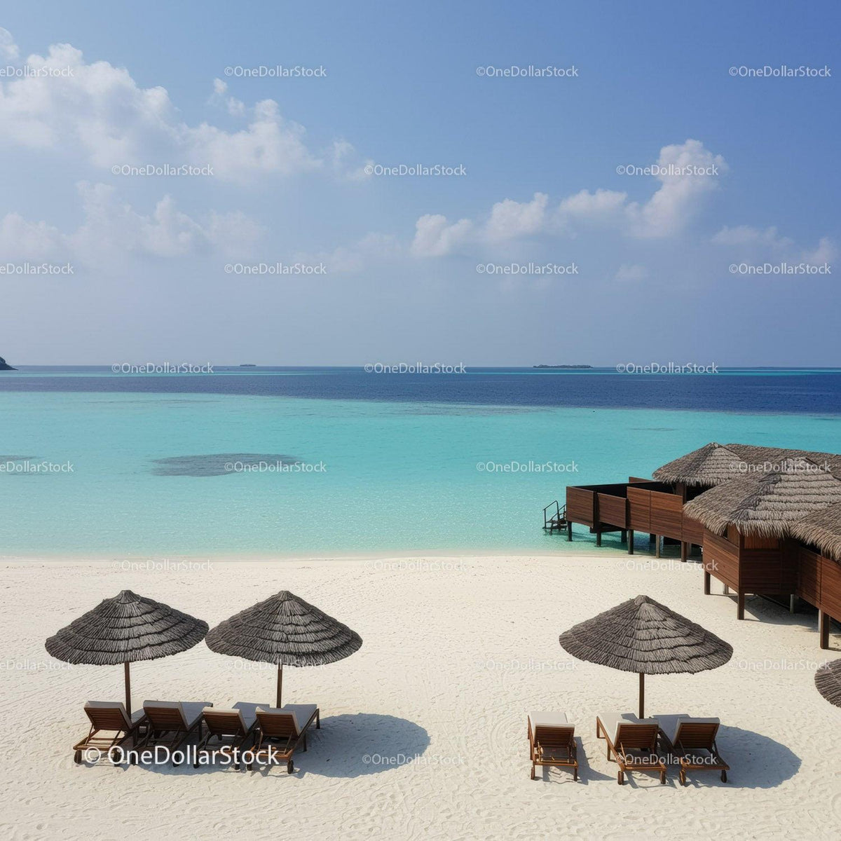Tropical Beach with Straw Umbrellas and Overwater Bungalows Scenic View
