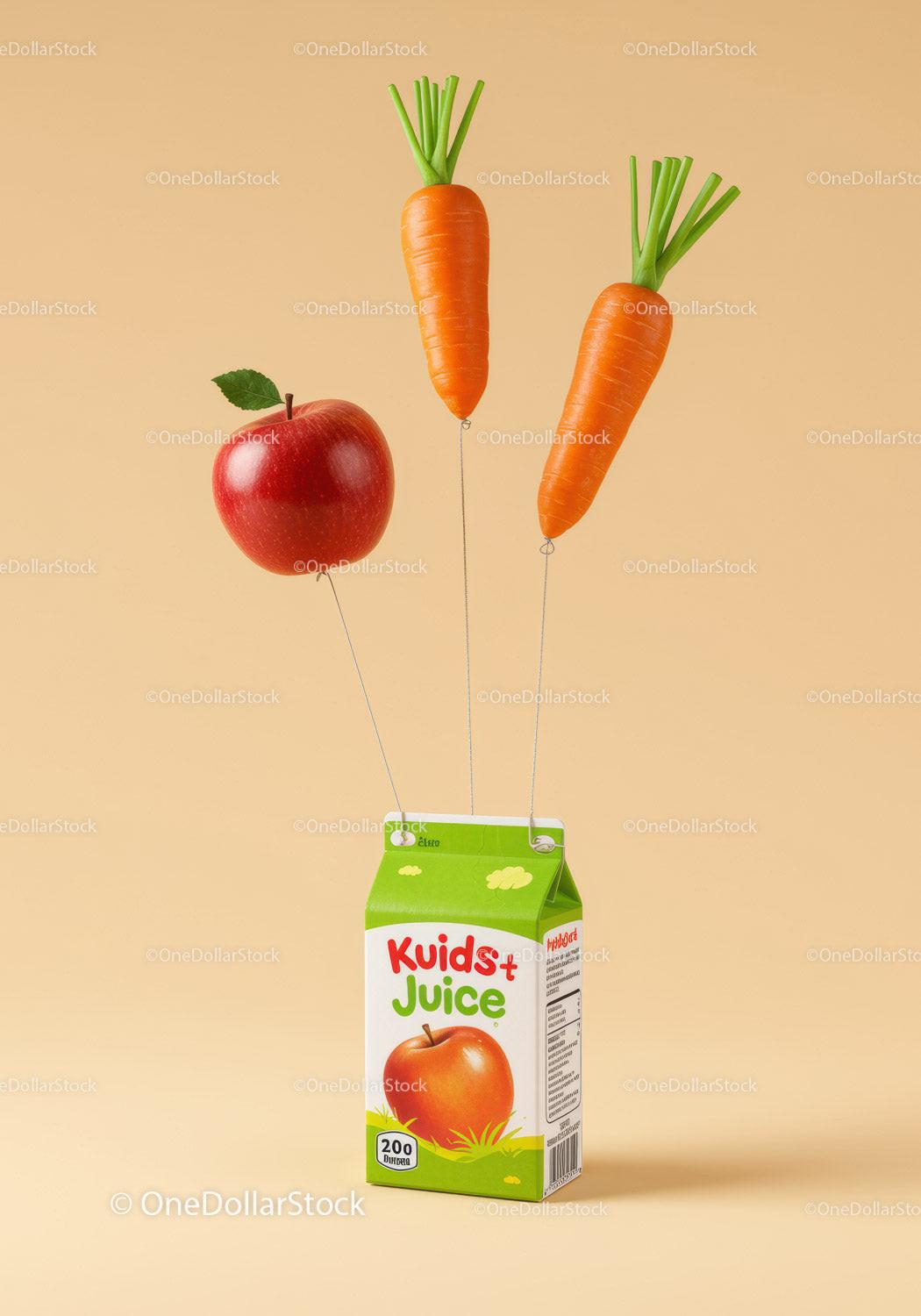 Kids Juice Box Lifted by Floating Fruits Balloons
