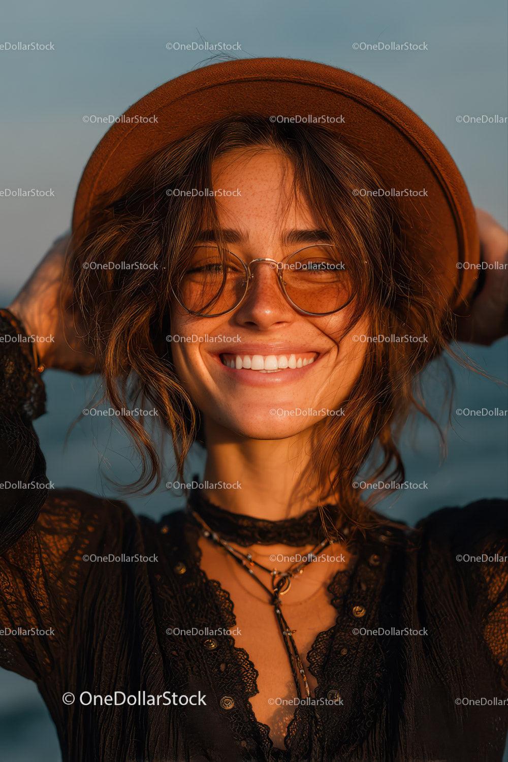 Happy Woman Wearing Hat and Sunglasses Outdoors by the Sea
