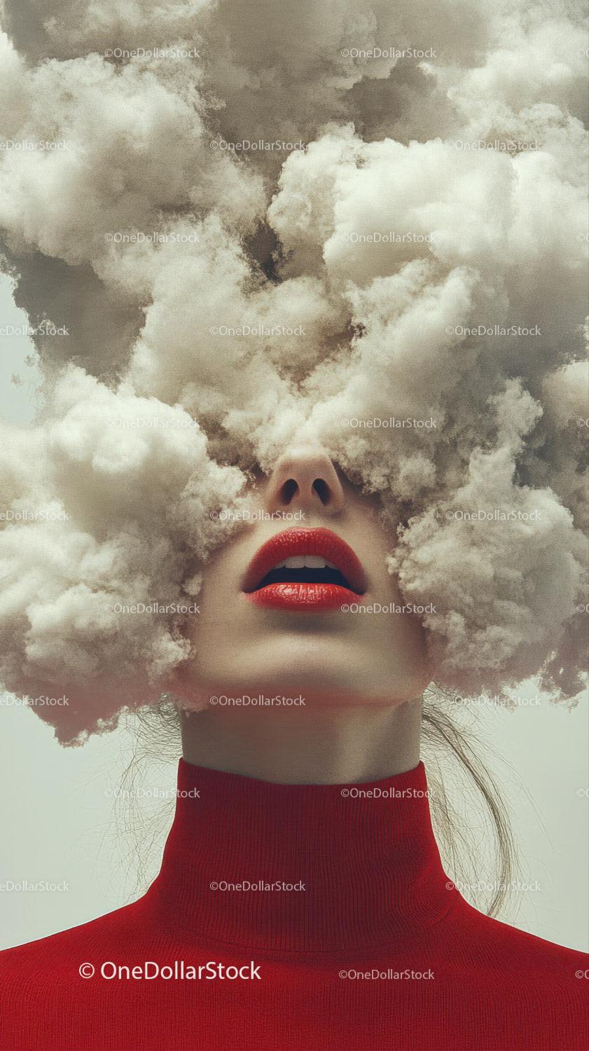 Close-up portrait of person with red lips wearing red garment with clouds covering upper face