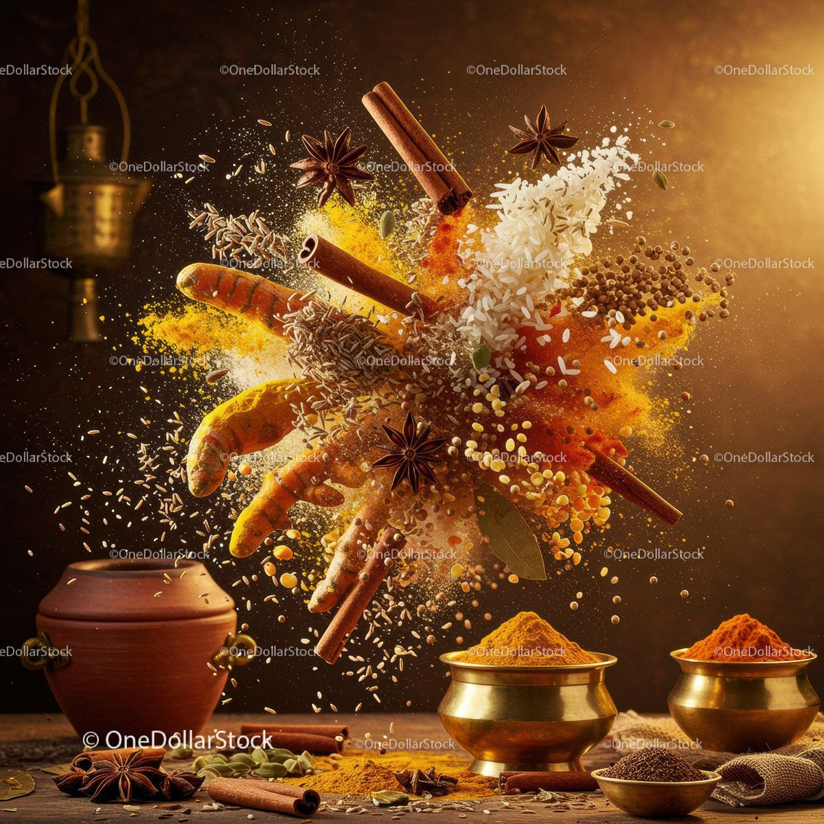 Exploding Aromatic Indian Spices and Rice in Motion