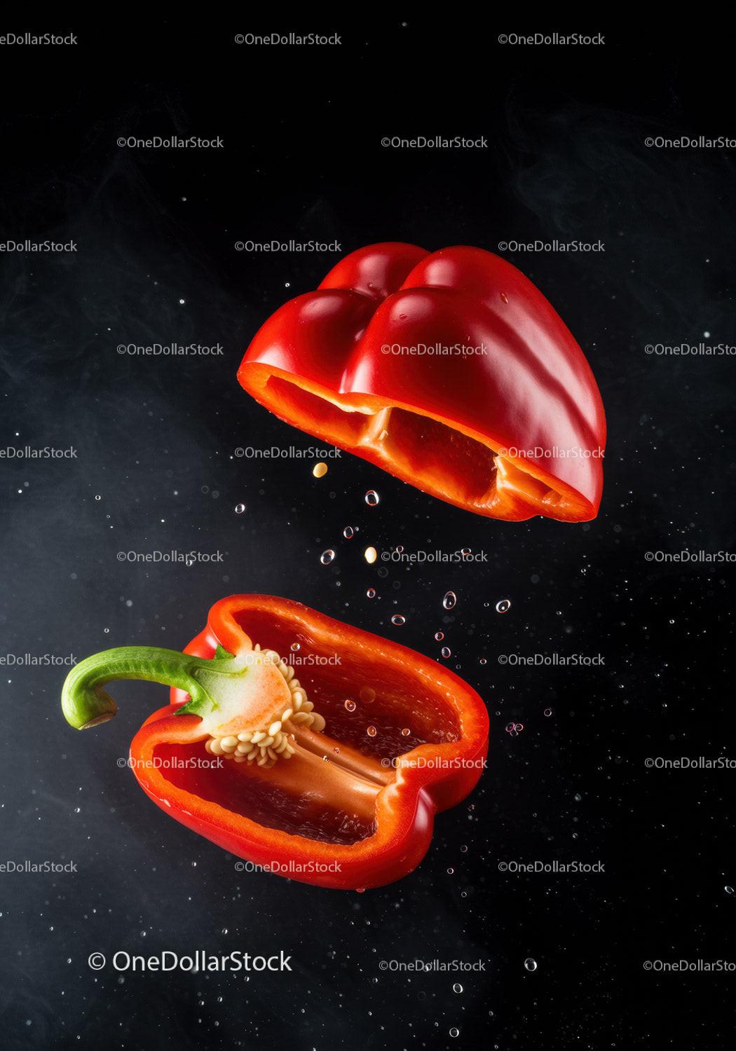 Fresh red bell pepper halves with seeds in motion