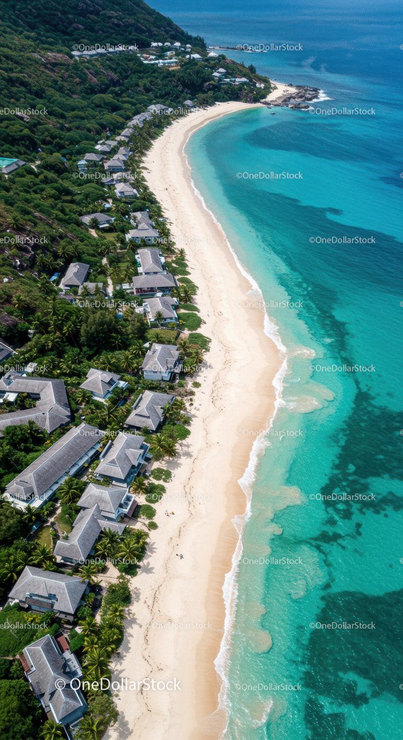 Tropical Beach with Villas and Clear Turquoise Waters