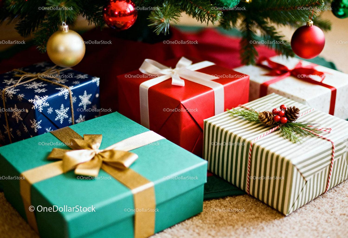 Festive wrapped Christmas gifts under decorated tree