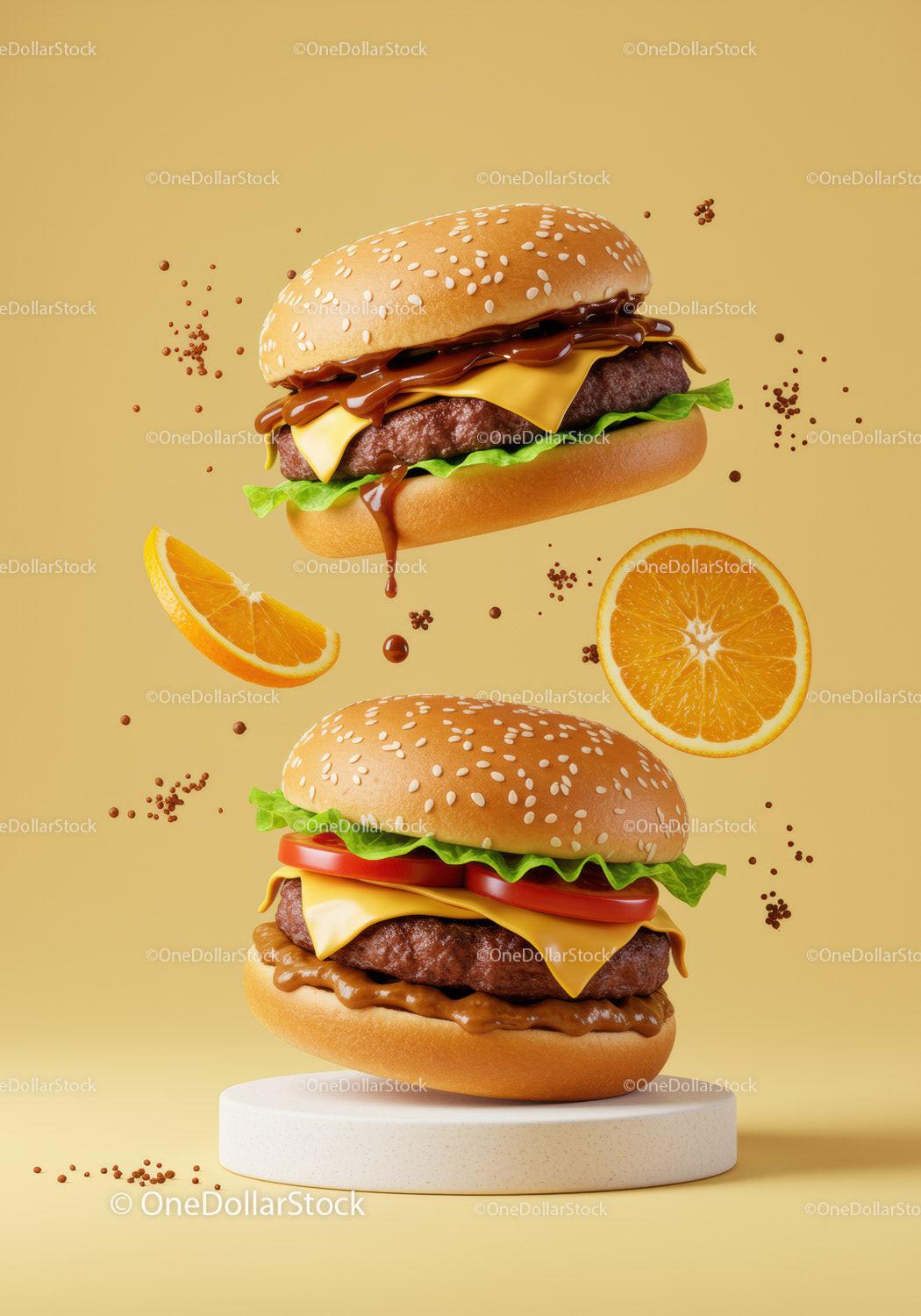 Two cheeseburgers with fresh toppings and orange slices
