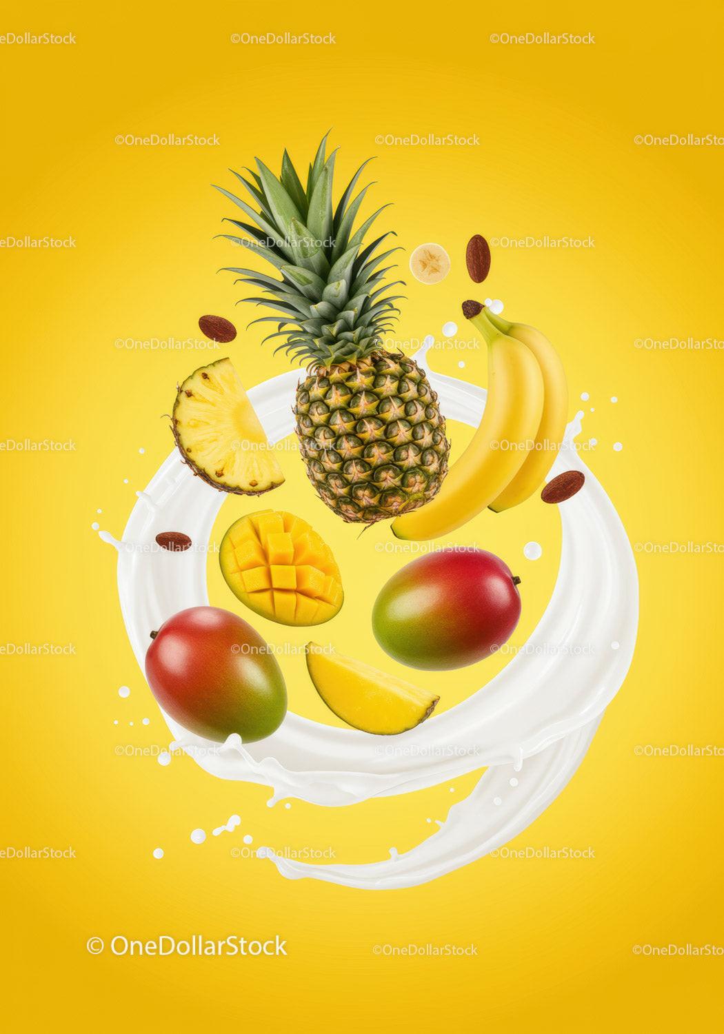 Fresh tropical fruits surrounded by milk splash on yellow
