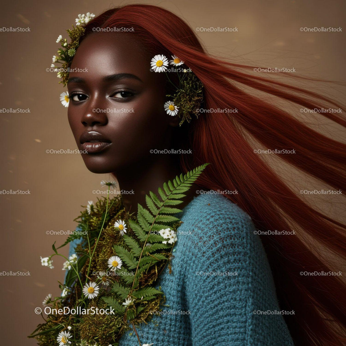 Elegant Portrait of a Woman with Flowing Red Hair and Botanical Accessories Stock Photo Bundle preview 15