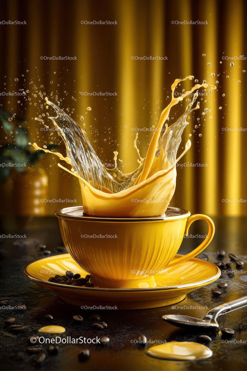 Splashing Coffee in a Yellow Cup with Coffee Beans on a Dark Table