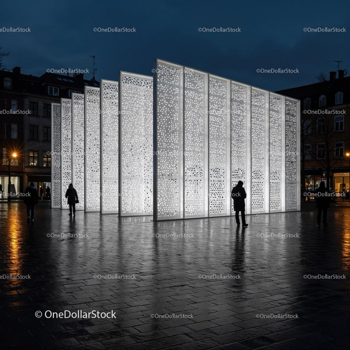Modern Illuminated Architectural Pavilion in City Square at Night JPG Mockup Image preview