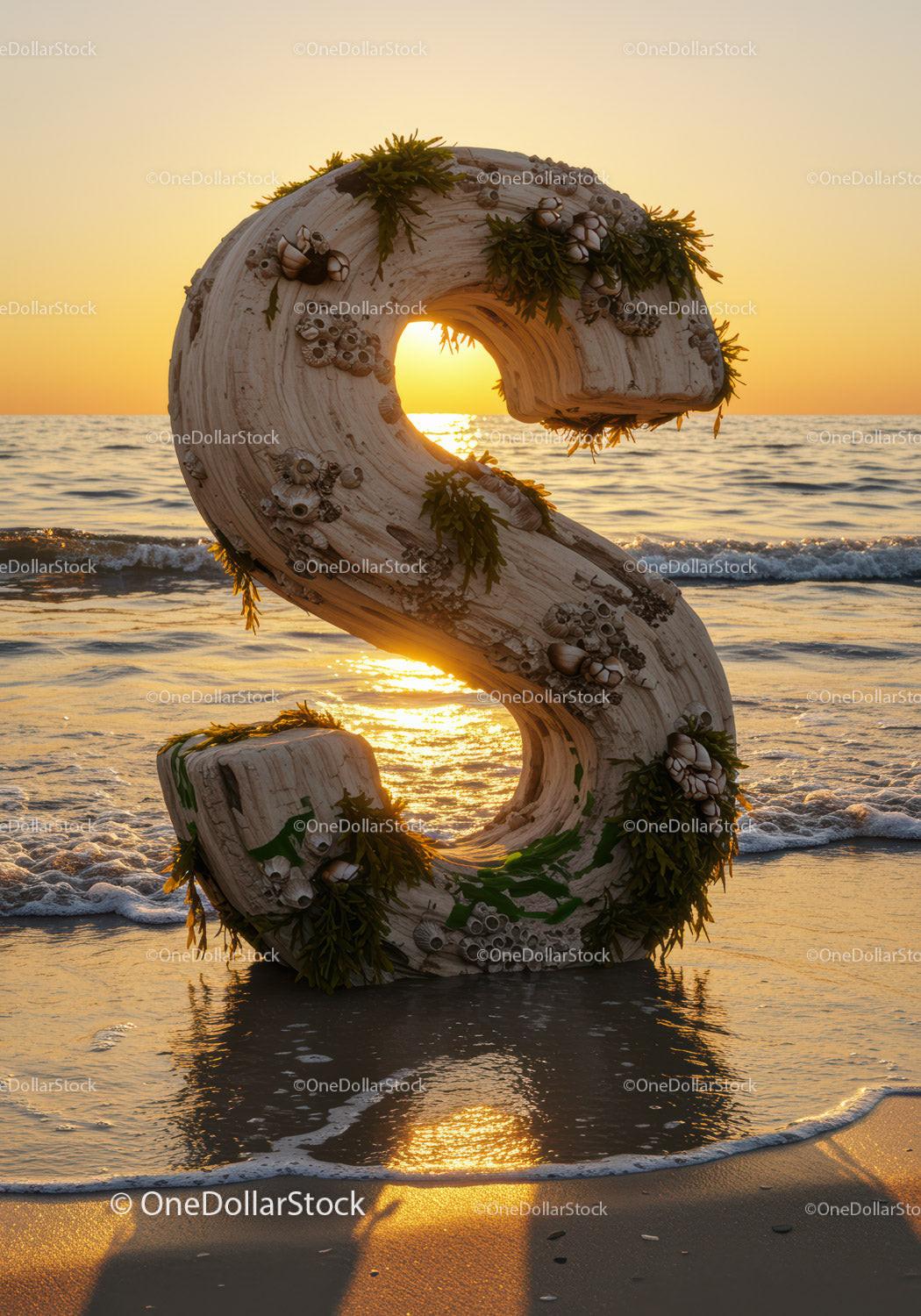 Letter S made of driftwood with sea plants at sunset