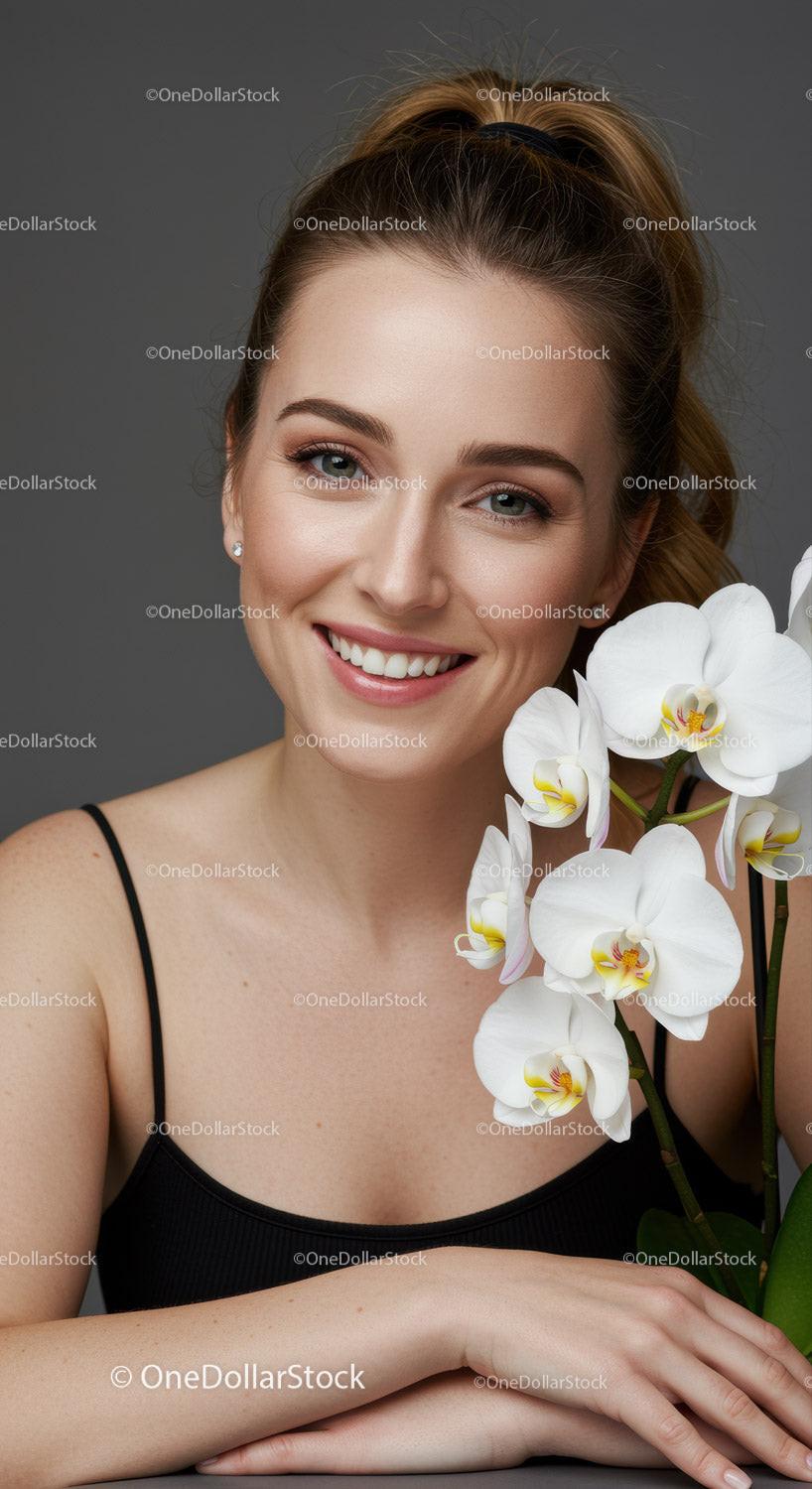 Cheerful Young Woman with White Orchid Flowers and Bright Smile