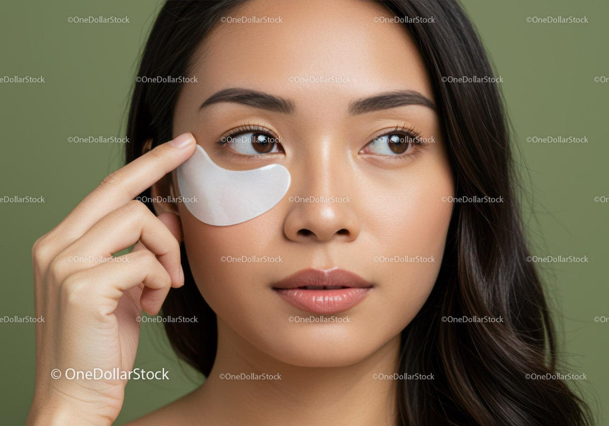 Young Woman Applying Under Eye Cream with Skin Care Products