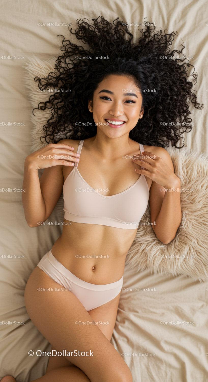 Smiling woman relaxing on bed in comfortable lingerie