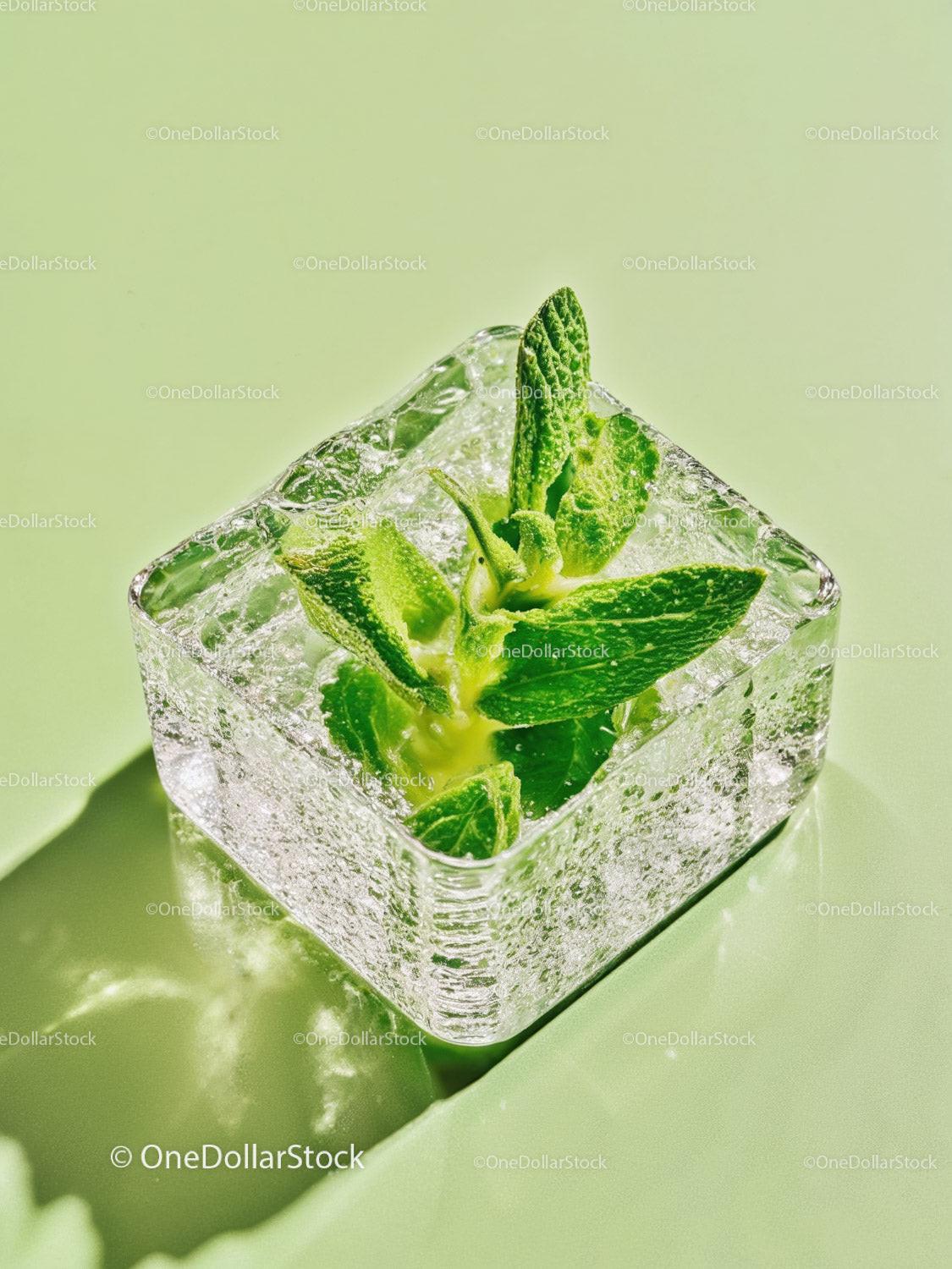 Fresh mint leaves frozen inside a clear ice cube