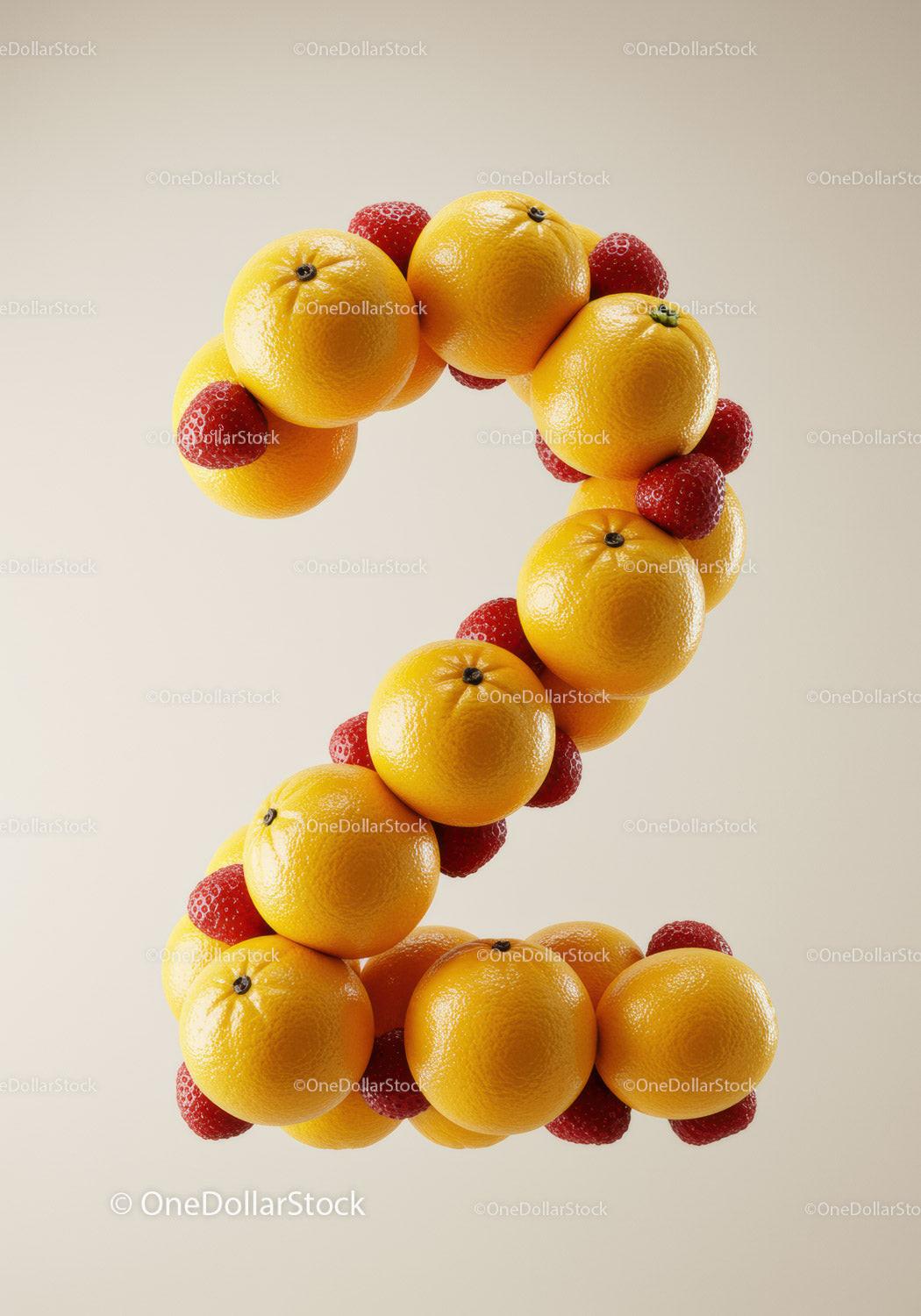 Number two shaped from fresh oranges and strawberries