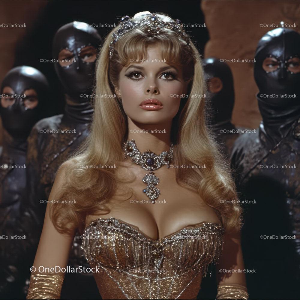 Elegant Woman in Vintage Golden Attire with Dramatic Backdrop