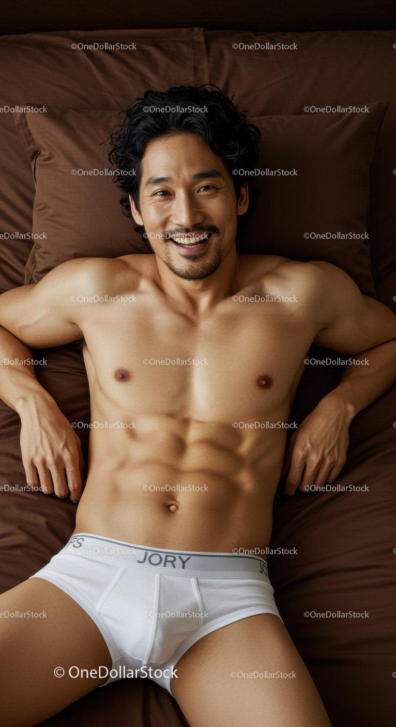 Smiling man relaxing on brown bed in white underwear