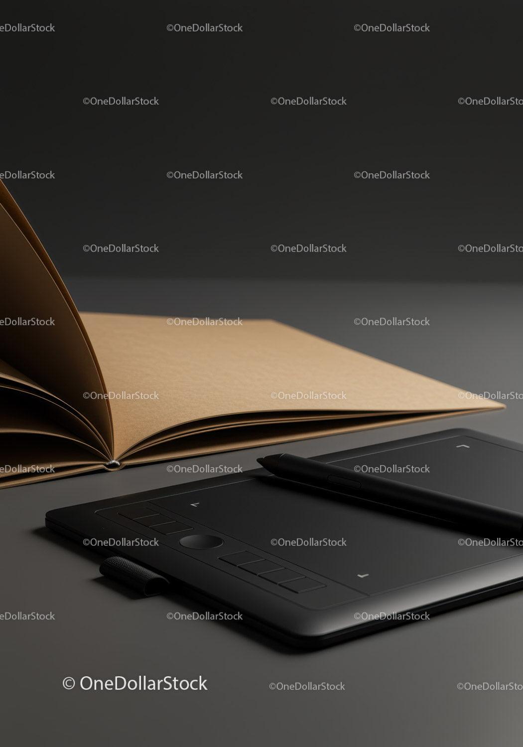 Black Graphic Tablet with Pen and Notebook on Dark Desk