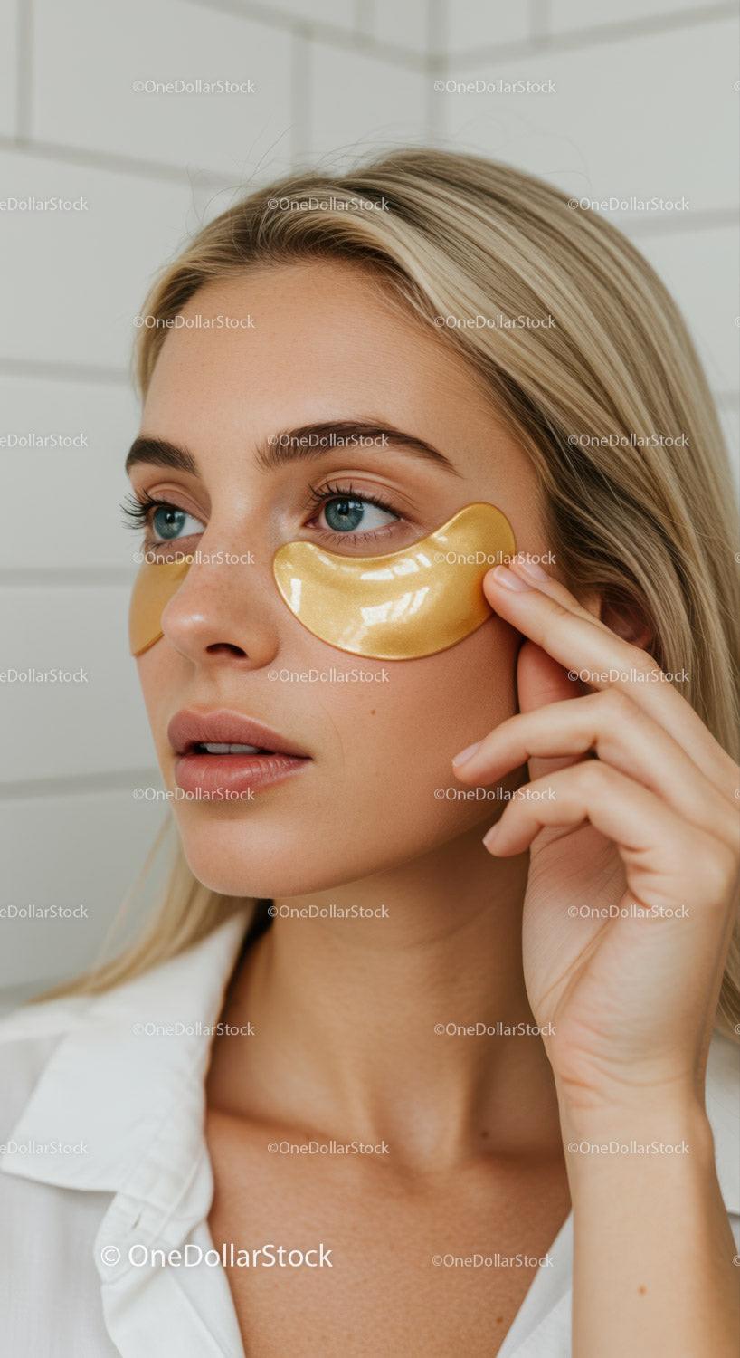 Beautiful Woman with Blonde Hair Applying Gold Under-Eye Patches For Skincare