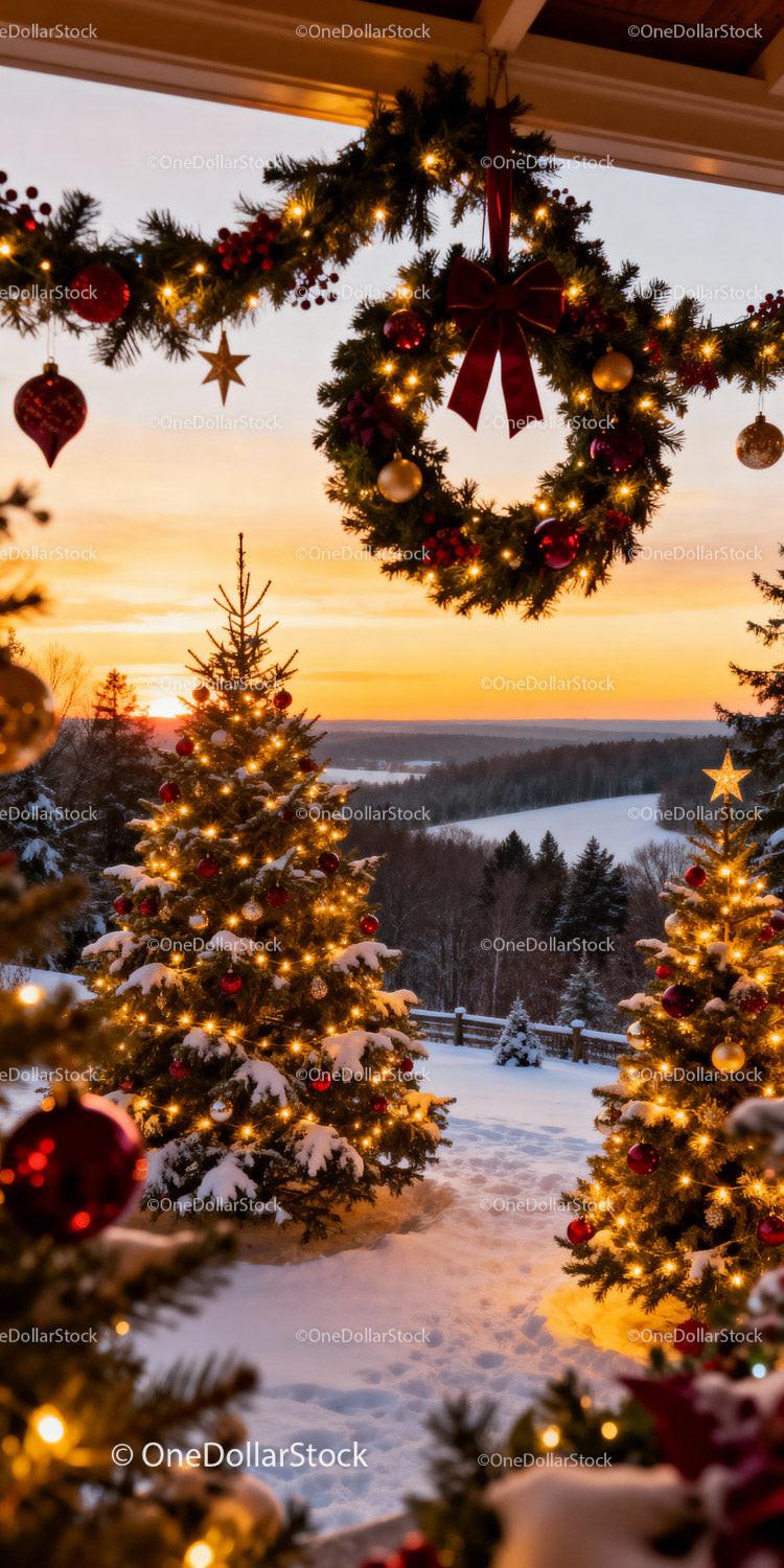 Cozy Christmas decorations with snowy pine trees at sunset