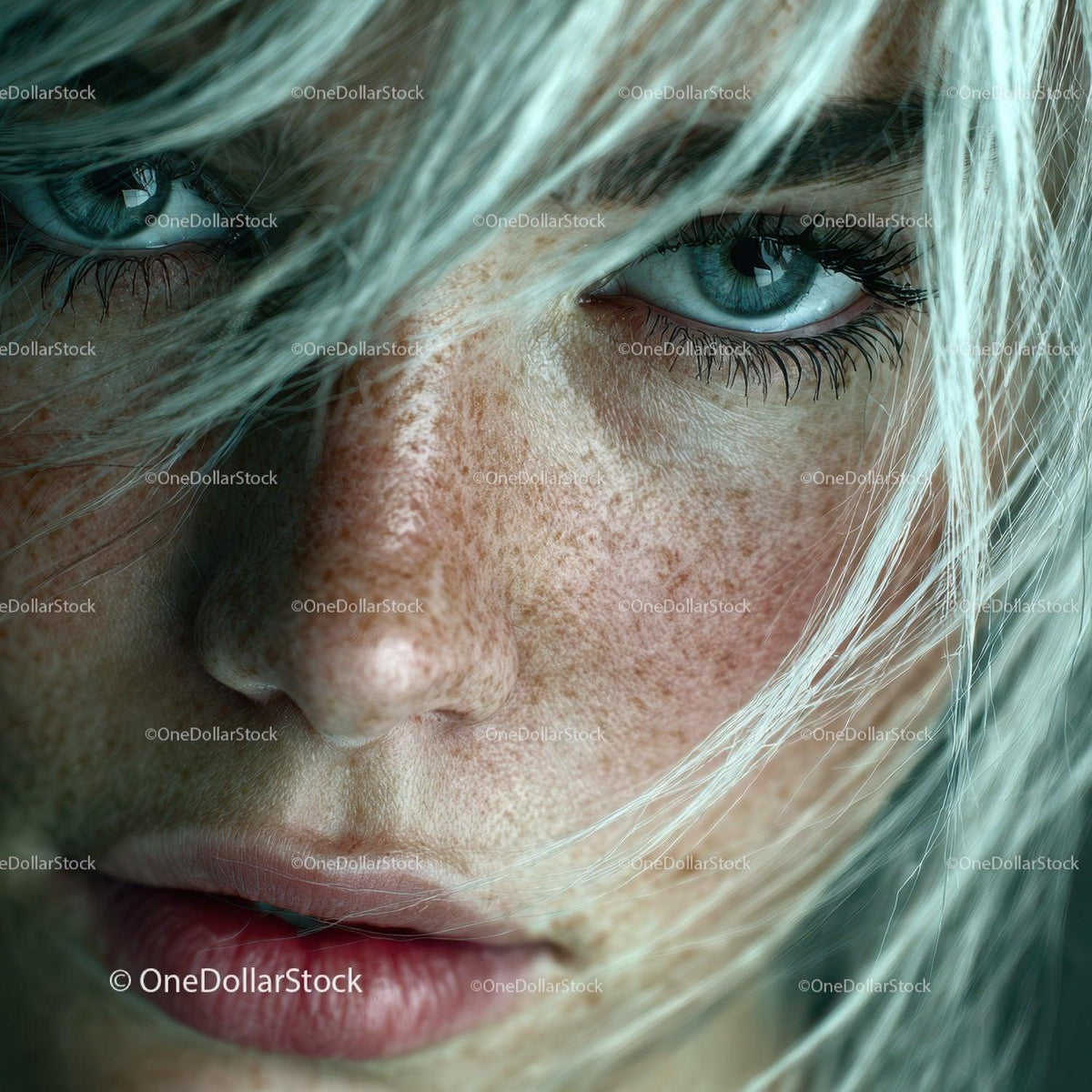 Close-up of a Woman's Blue Eye with Freckles and Blonde Hair