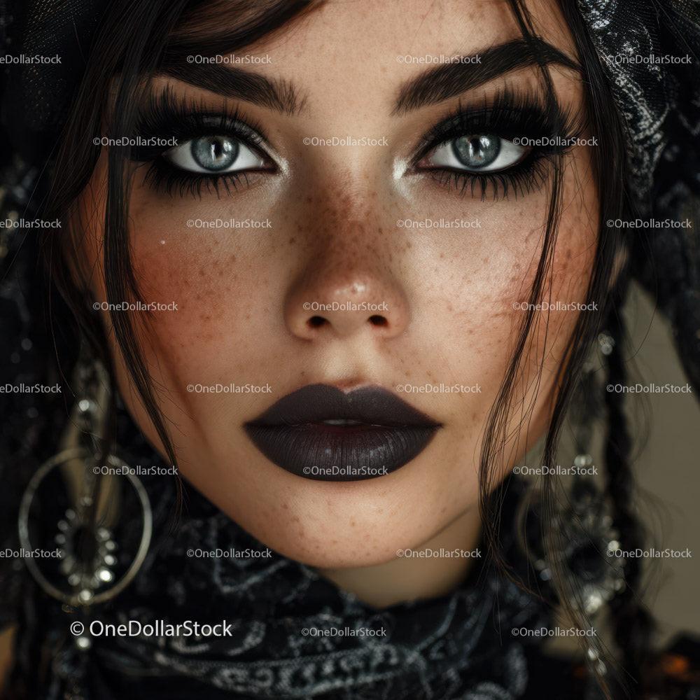 Striking Woman with Blue Eyes and Black Lipstick in Close-Up Portrait