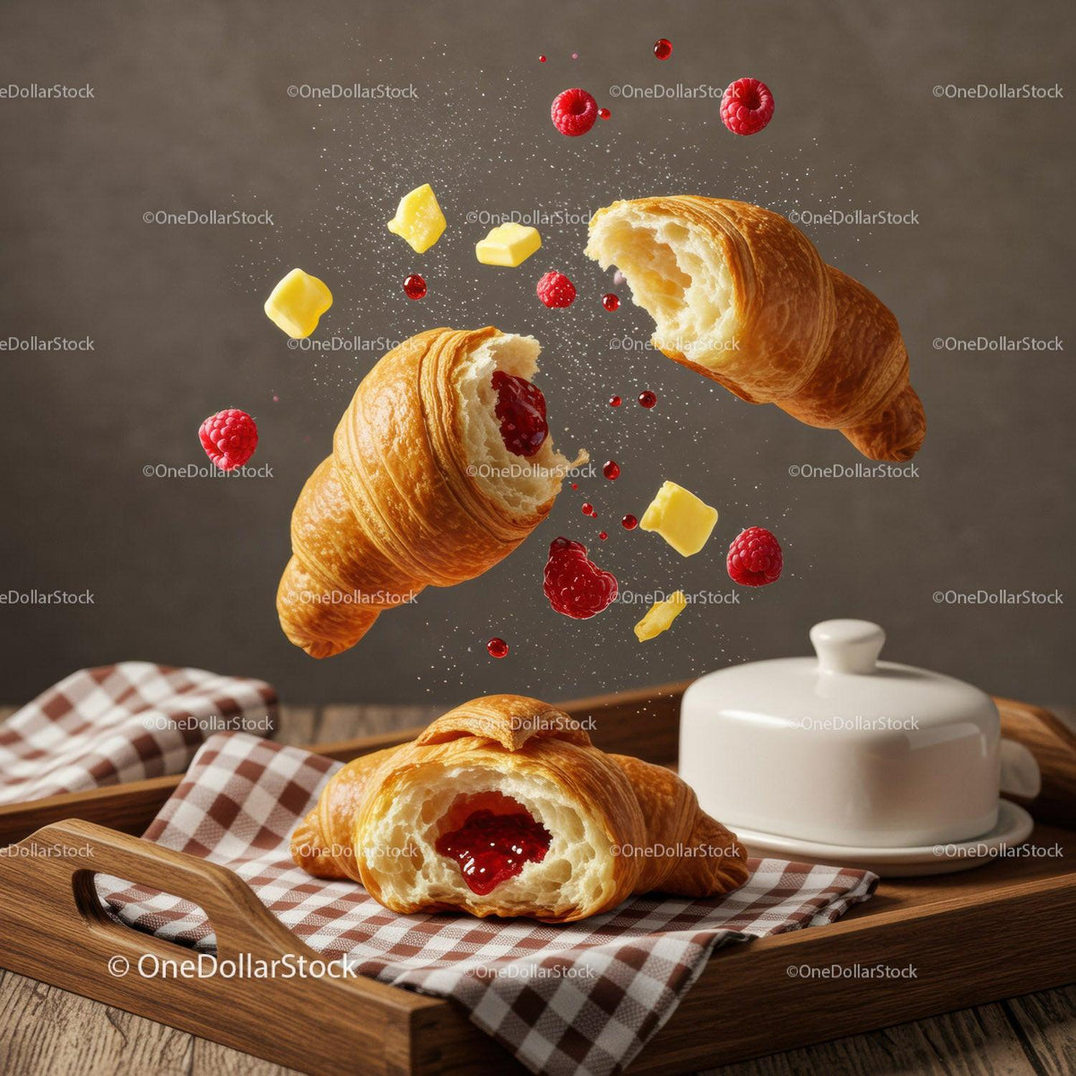 Fresh Croissants with Raspberry Jam and Butter Cubes