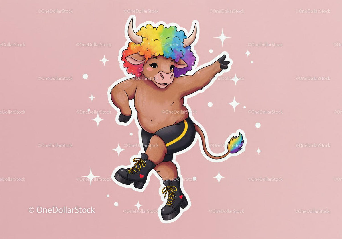 Colorful Cartoon Bull with Rainbow Hair in Funky Streetwear Stock Photo Bundle preview 11