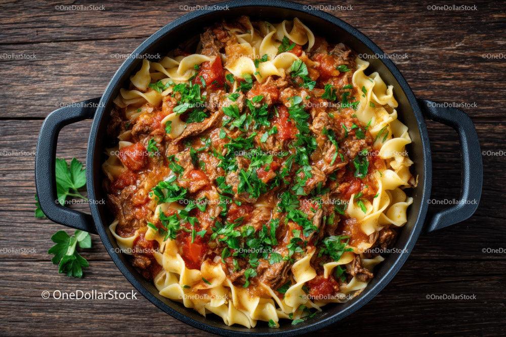 Beef and Mushroom Pasta in a Cast Iron Skillet with Cherry Tomatoes Stock Photo Bundle preview 13