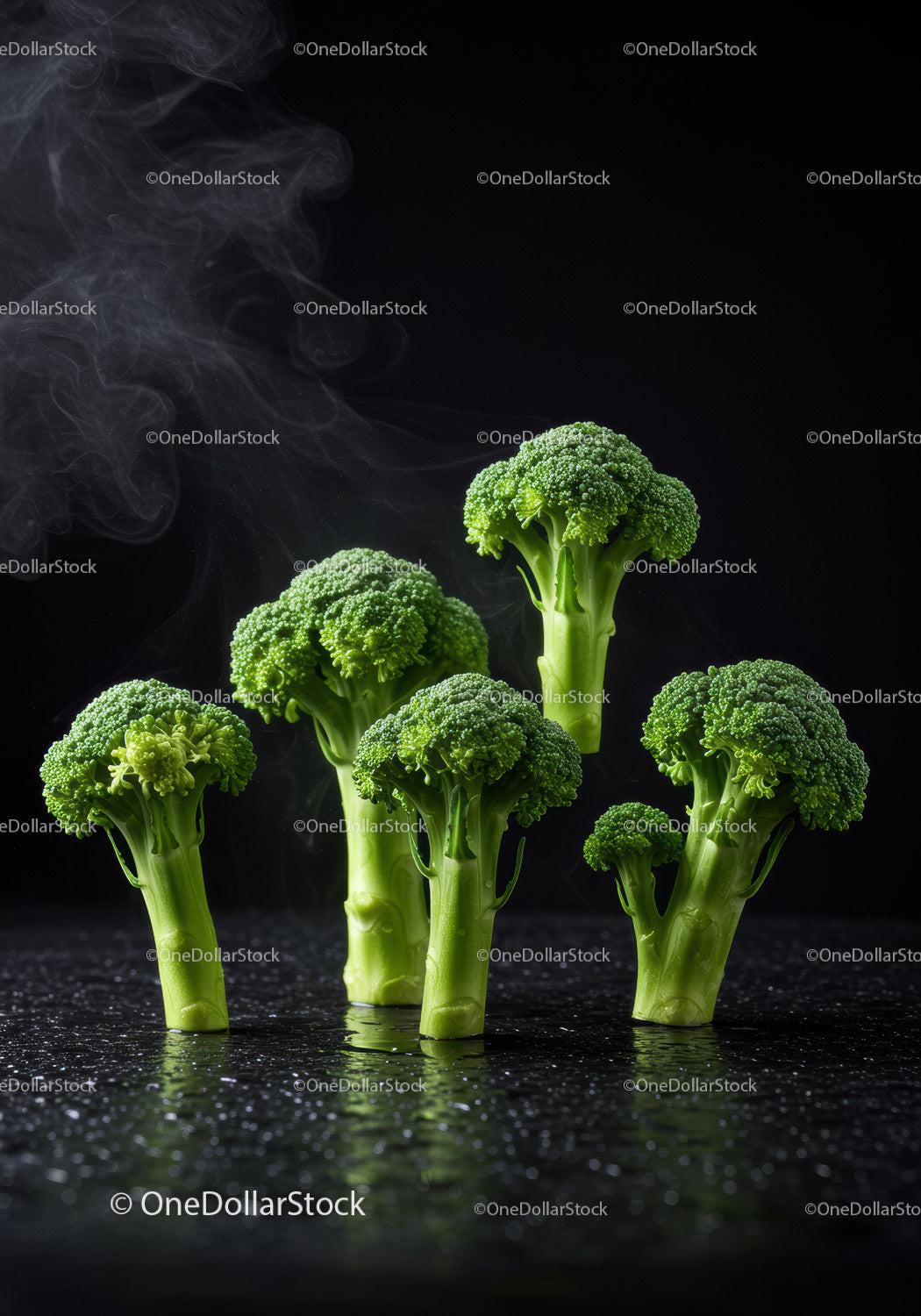 Steaming fresh broccoli florets on reflective surface