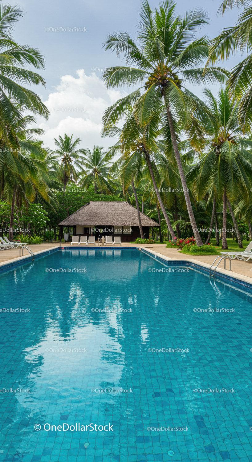 Tropical Resort Pool with Palm Trees and Lush Greenery