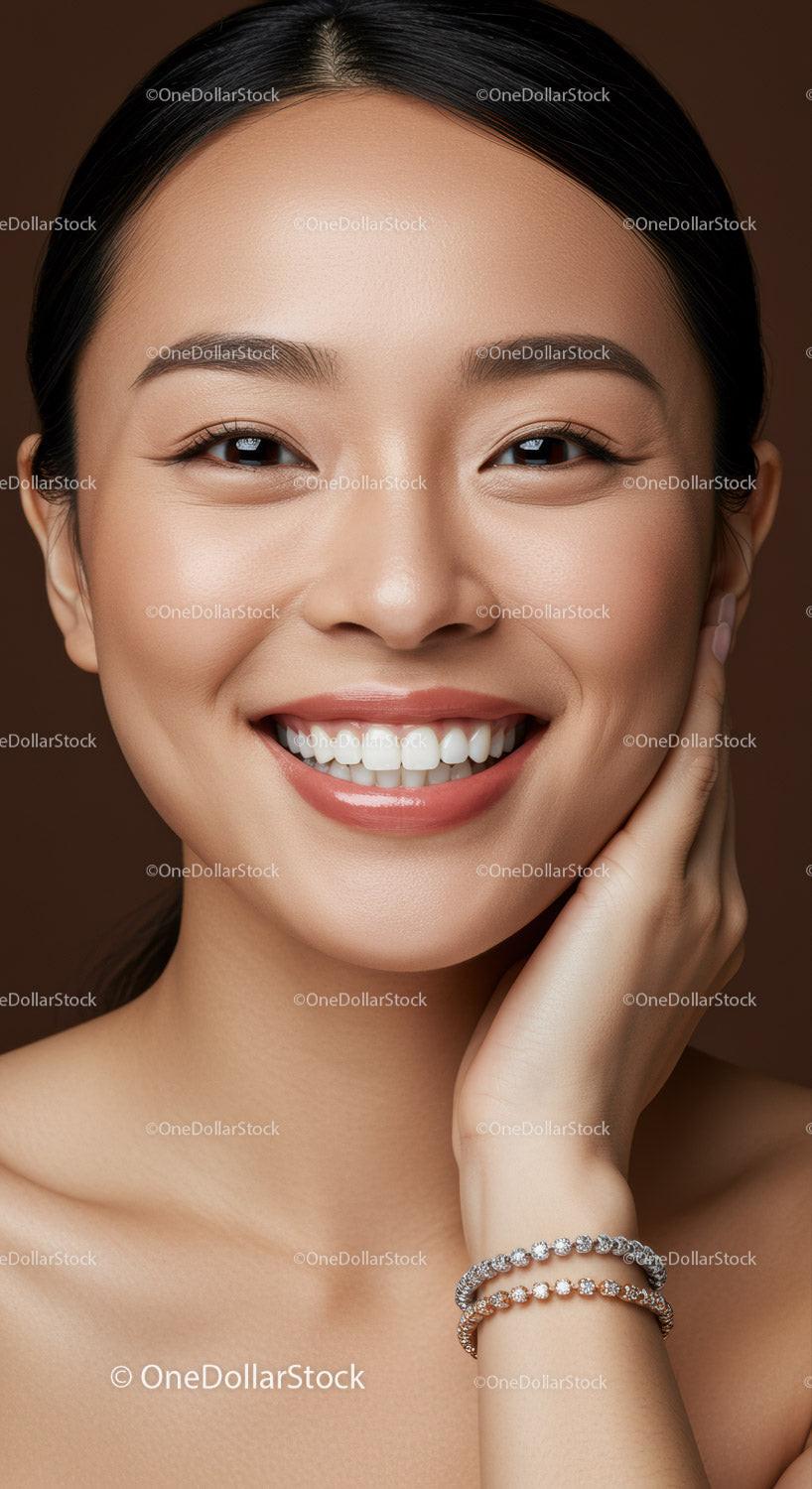 Close up of cheerful woman with sparkling jewelry