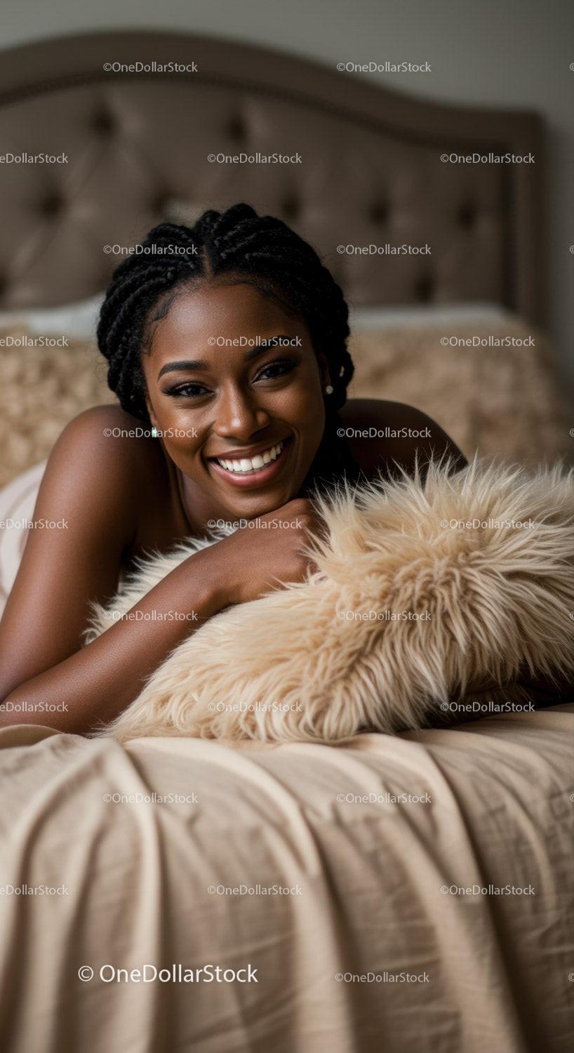 Smiling woman relaxing on cozy bed with fluffy pillow