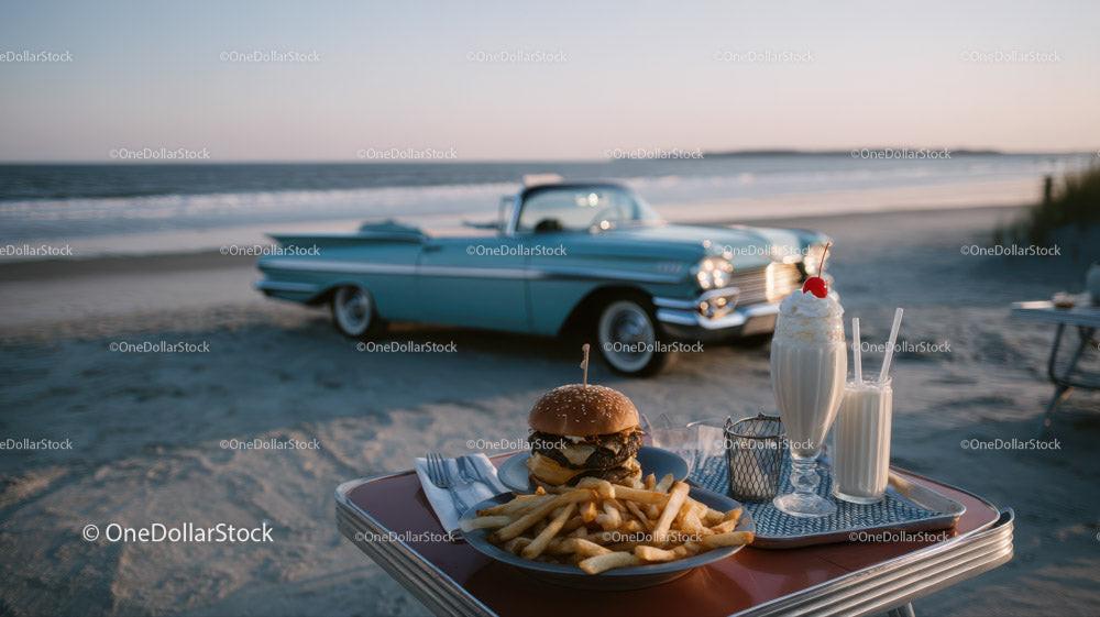 Vintage Classic Car by Beach with Burger Milkshake French Fries