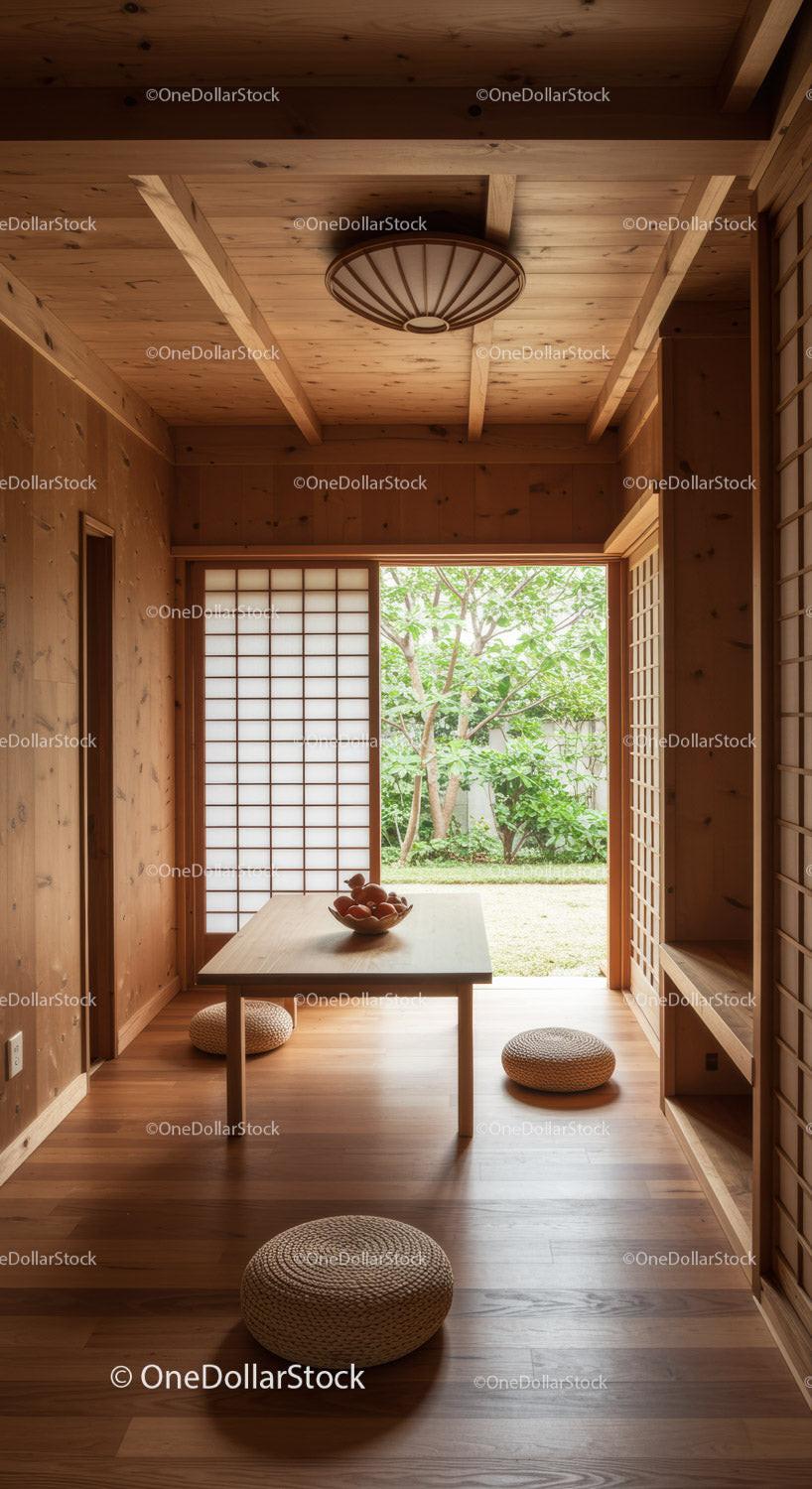 Serene Traditional Japanese Room with Shoji Screens and Wooden Decor