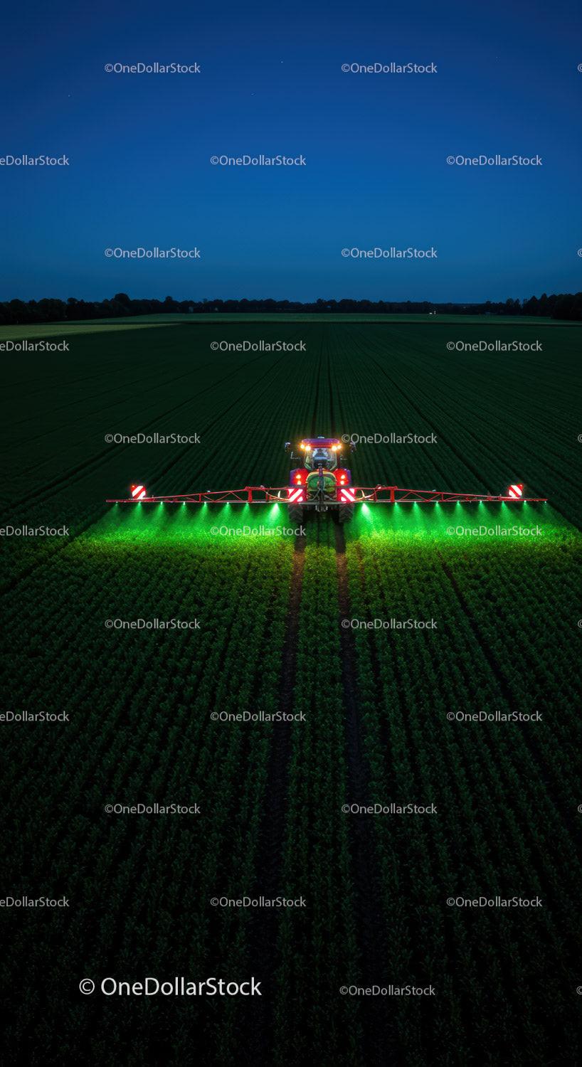 Nighttime Farm Irrigation with Tractor Lights